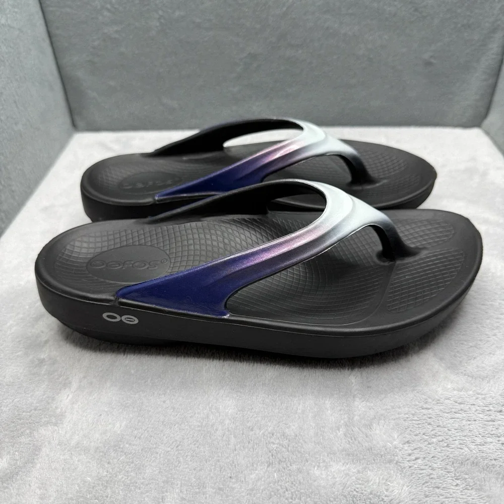 OOFOS OOlala Sandals Women's US 6 EU 37 Black Iridescent Recovery Flip Flops